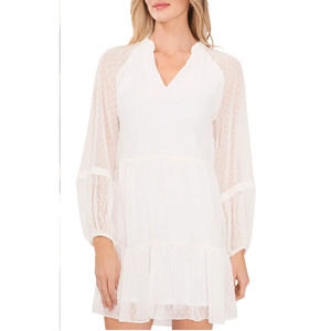 CeCe Dress Small Ivory Clip Dot Ruffle Tiered Balloon Sleeve Sheer Boho Babydoll